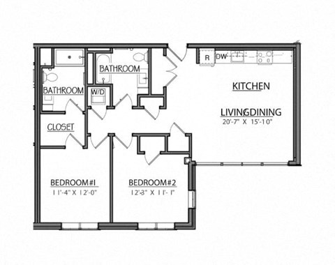 Floor plan for 2 beds, 2 baths, 988 sqft